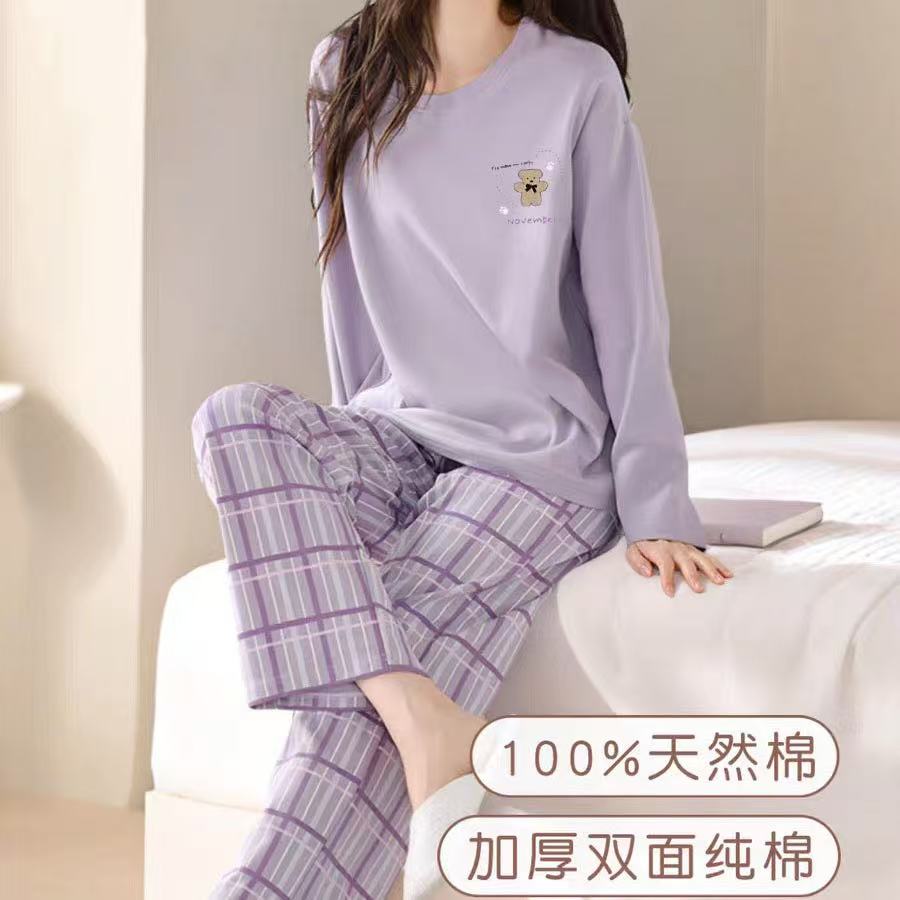 【B141】紧赛棉加厚10-20°紫色小熊精品套头款睡衣新款2025家居服