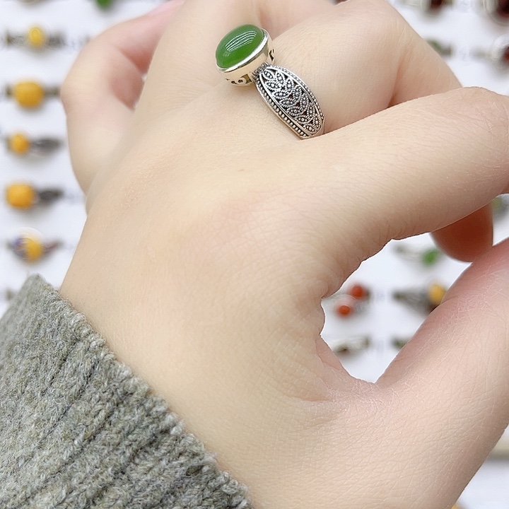 和田玉戒指银S925镶嵌天然