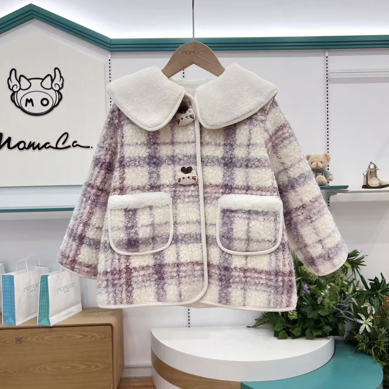 MOMOCO冬季新款女童洋气时尚翻领紫色格子呢大衣外套77830107045