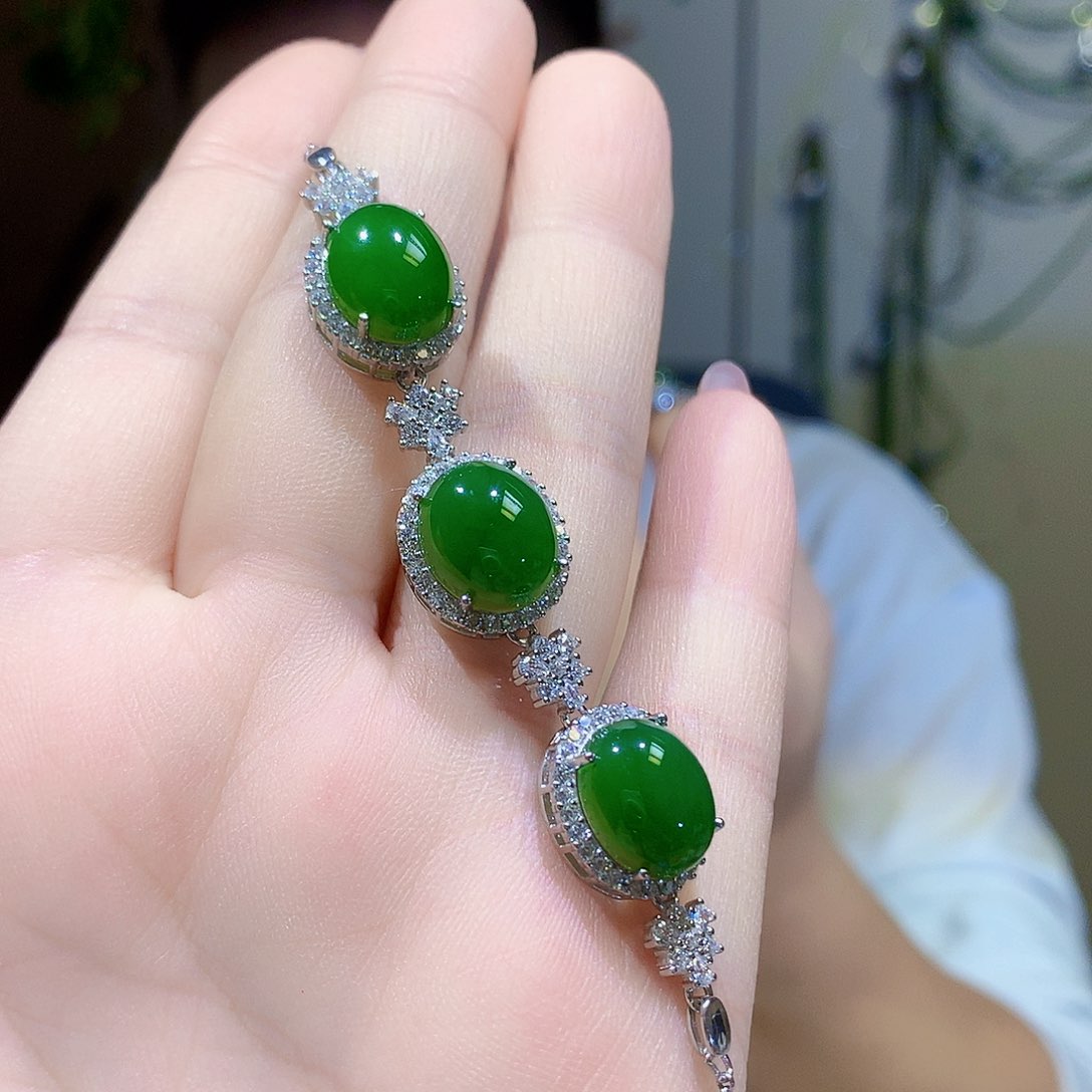 银S925镀金镶嵌手链和田玉（碧玉）