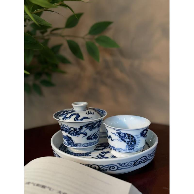 A338【蜕观堂】景德镇手工手绘青花鱼化龙系列套组