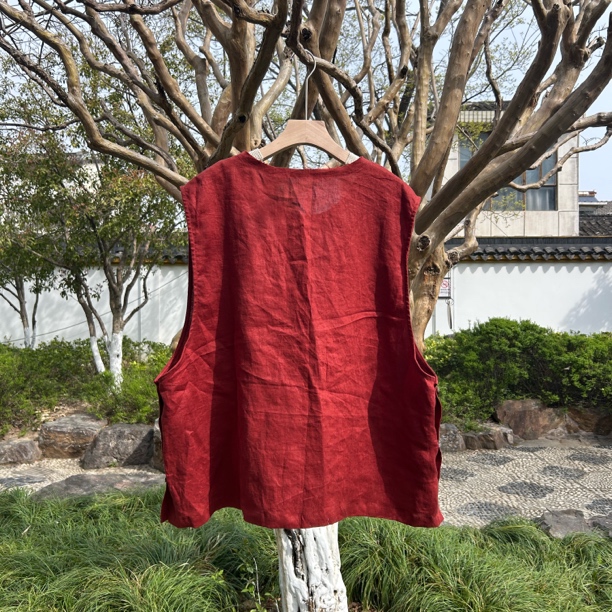 纯汉麻三粒扣糖果色多层毛边圆领马甲夏季无袖流苏设计舒适百搭