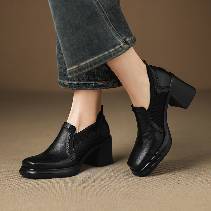 【7.5cm/羊皮】法式真皮粗跟高跟女鞋单鞋A1315