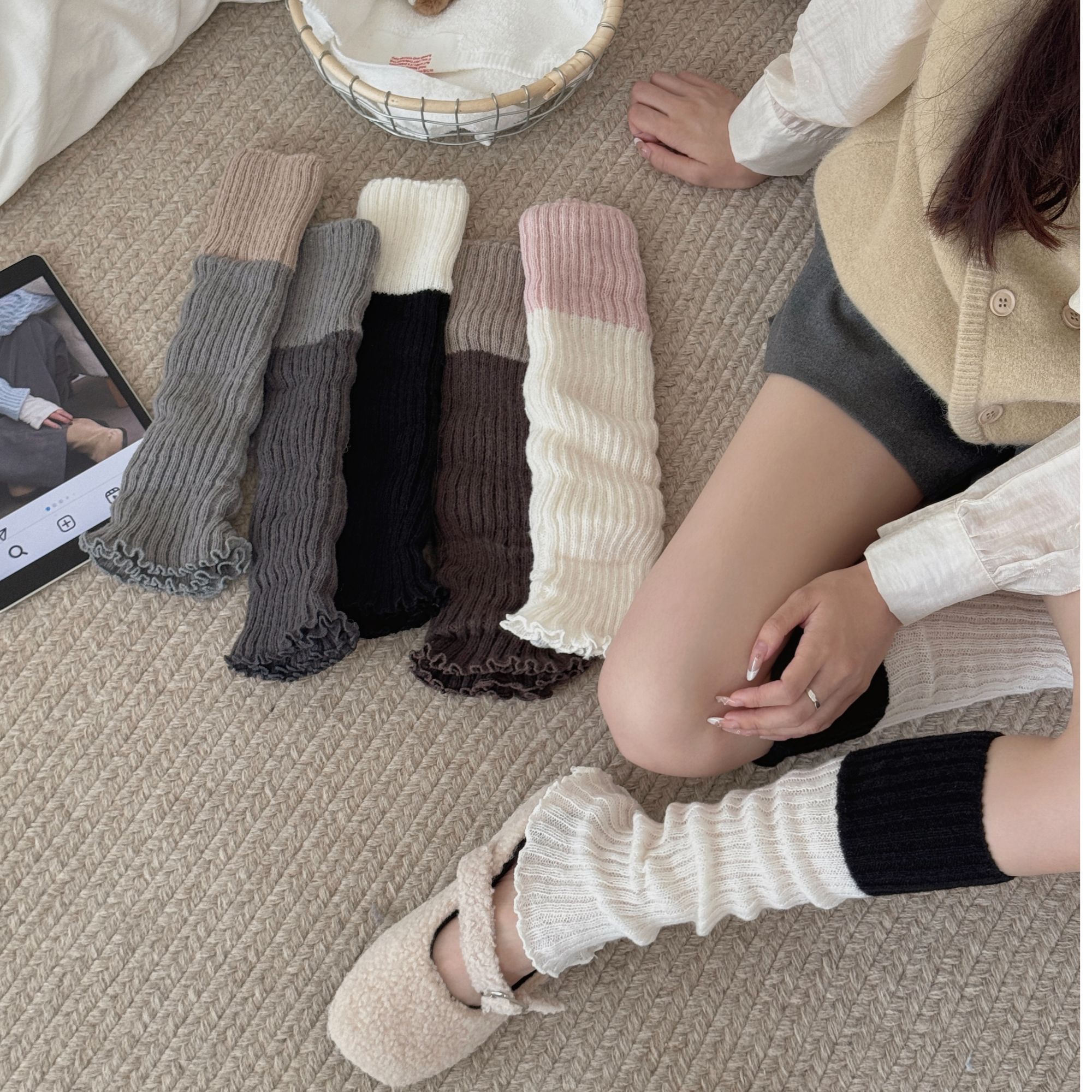 针织袜套秋季毛线撞色拼接腿套配德训鞋堆堆袜秋冬保暖女款小腿袜