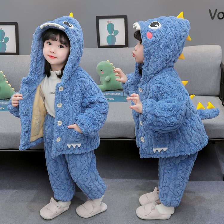 儿童加绒加厚睡衣三层夹棉连帽恐龙保暖法兰绒休闲风家居服套装洋