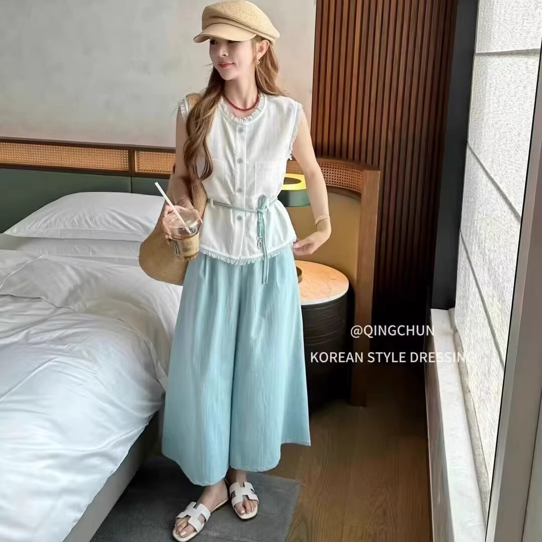 【2025夏季新款圆领小香风流苏无袖背心衬衫+阔腿裤两件套女套装潮