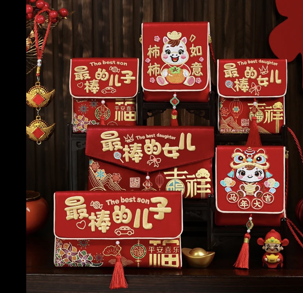 送孩子2026新款马年古典布艺红包孩子压岁钱福袋新年拜年刺绣绒布