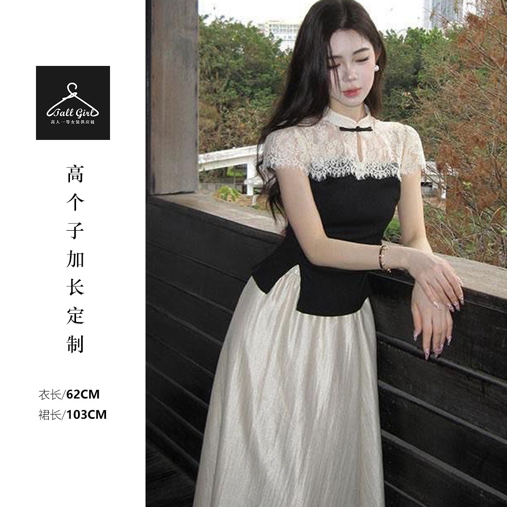 清货【书香门第】高个子新中式蕾丝拼接短袖立领上衣+半身裙套装