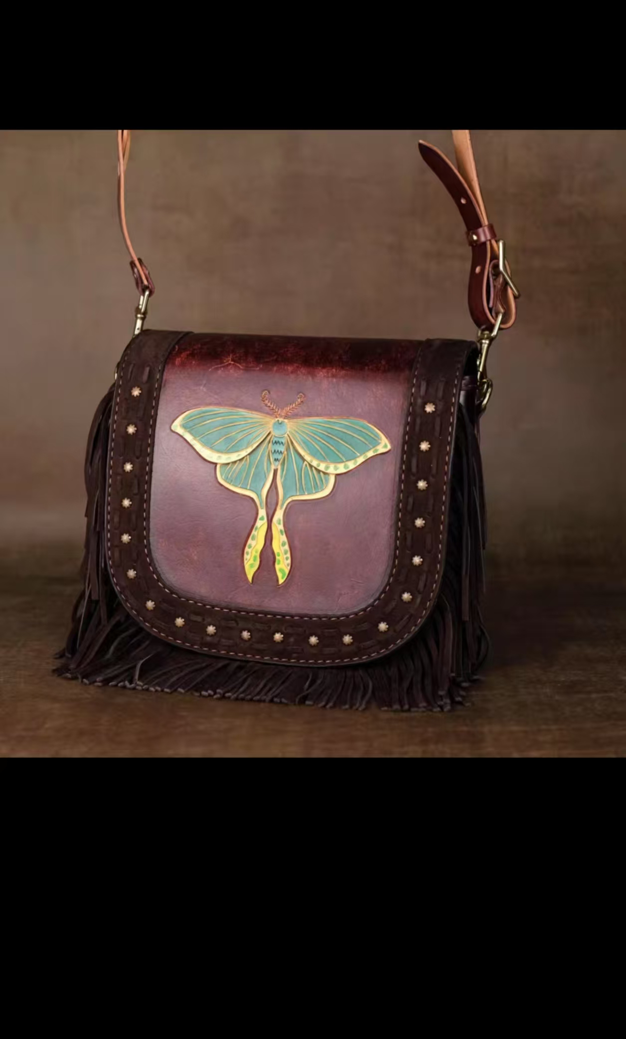 【甲虫马鞍包】皮雕工艺 雕刻蝴蝶，流苏