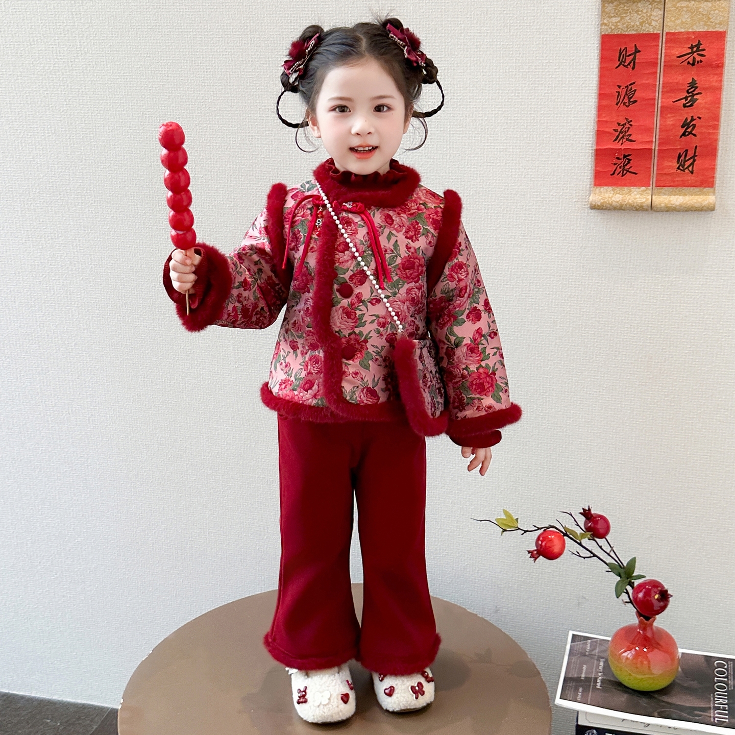 女童拜年服套装洋气儿童加绒加厚喜庆过年新年装宝宝新中式两件套