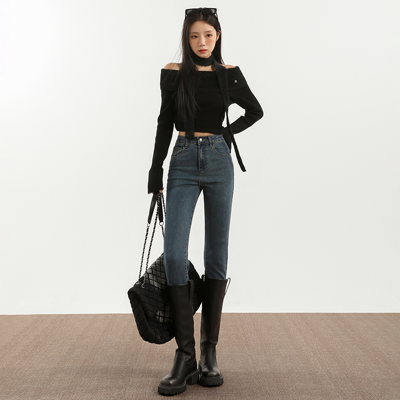 JWUW秋冬加绒高腰牛仔裤女提臀裤新款小个子九分弹力紧身小脚裤