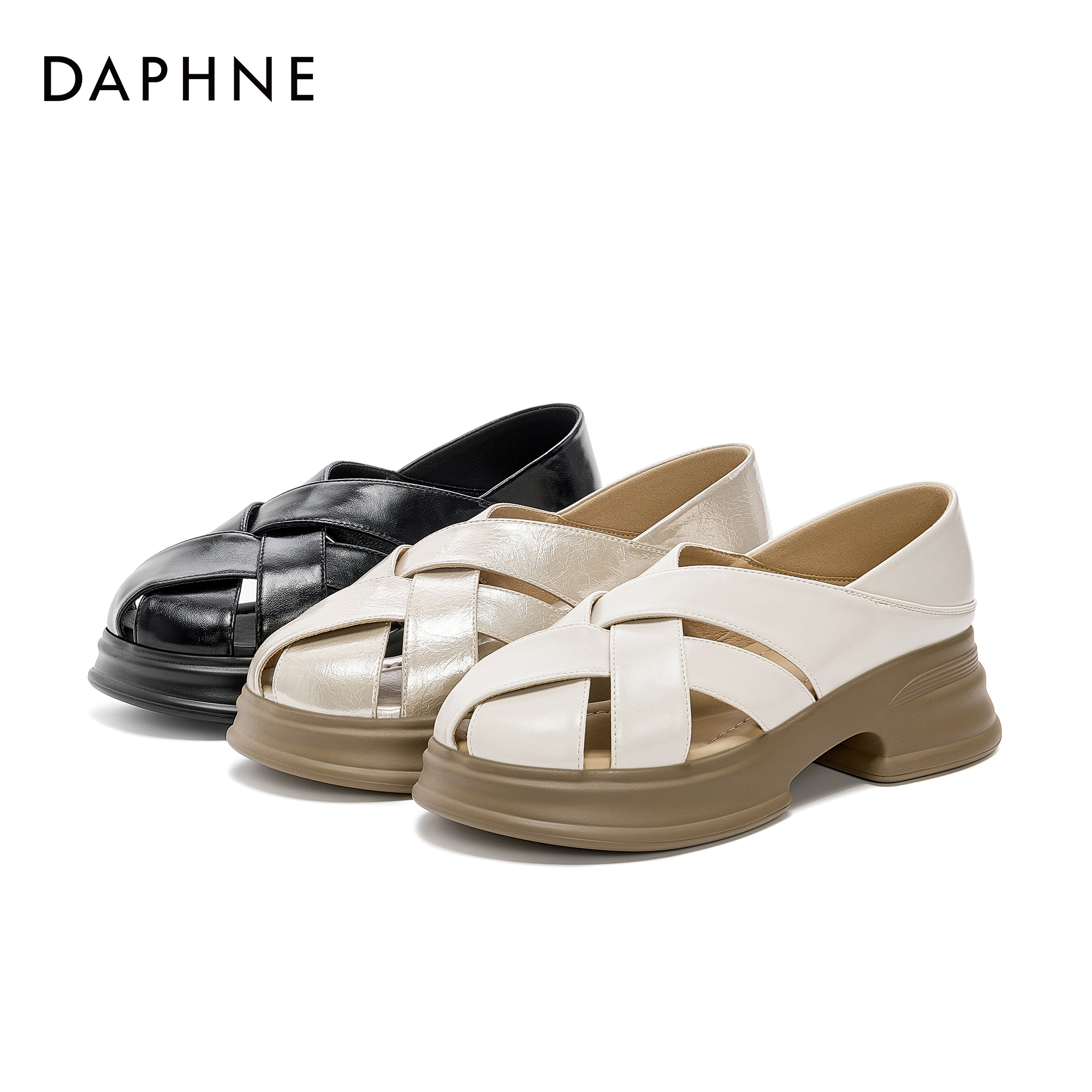 达芙妮2025女士夏季高跟百搭复古舒适镂空透气圆头厚底时尚单鞋