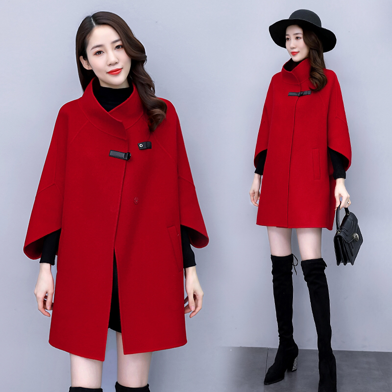 秋冬新款百搭通勤显瘦修身型厚款插肩袖休闲风毛呢外套单排扣女装