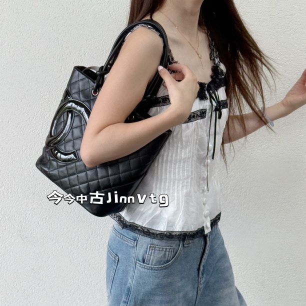 95新 Chanel/香奈儿 全黑康鹏so black菜篮子单肩包 