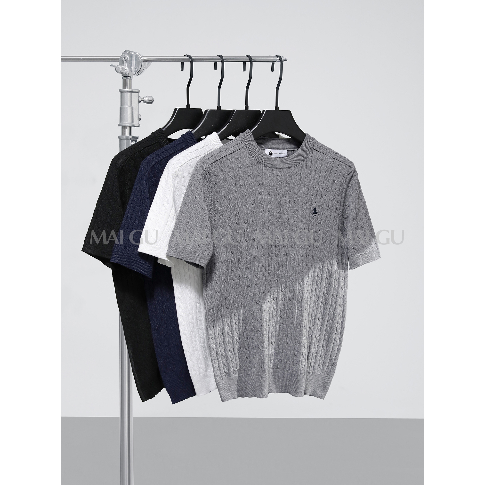 【MAIGU】夏季高定老钱奢感提花工艺刺绣设计圆领羊毛针织短袖男