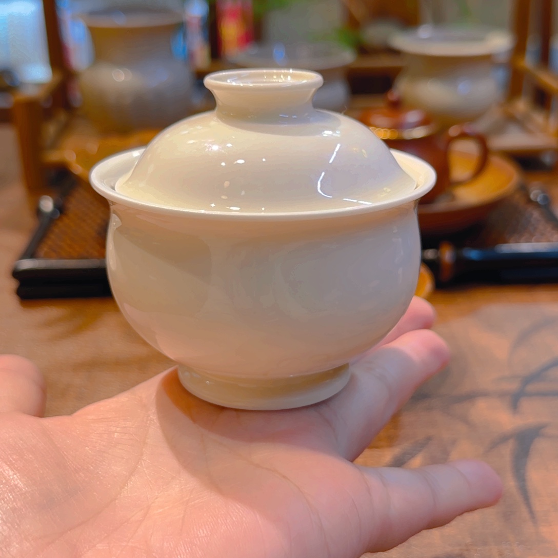 微澜定瓷 布袋盖碗 全手薄胎刻花 120ml