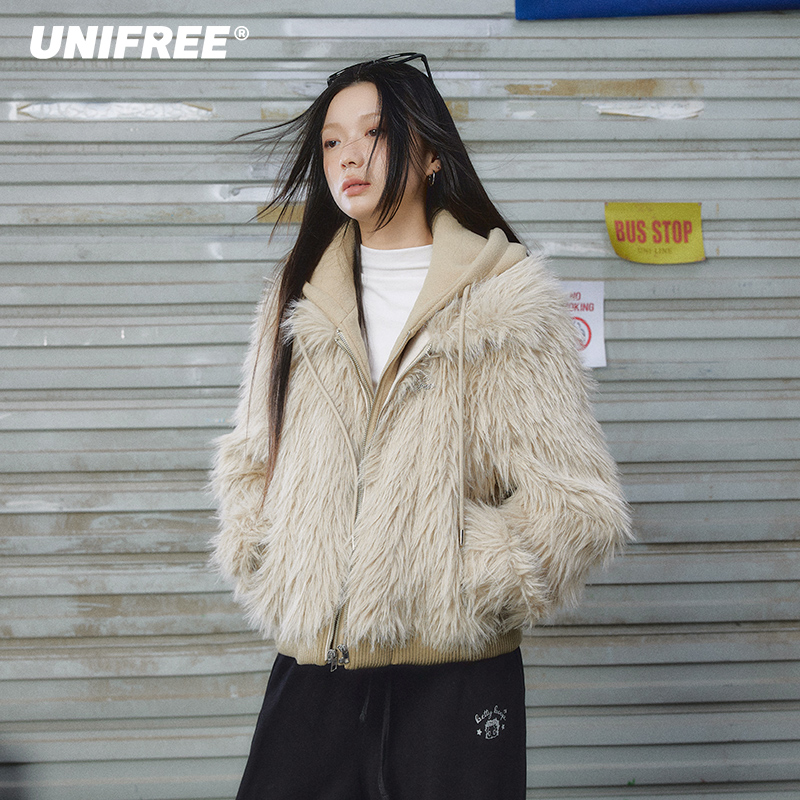 【夏夏专属】UNIFREE长毛连帽皮假两件高级棉服U244O115V1V1