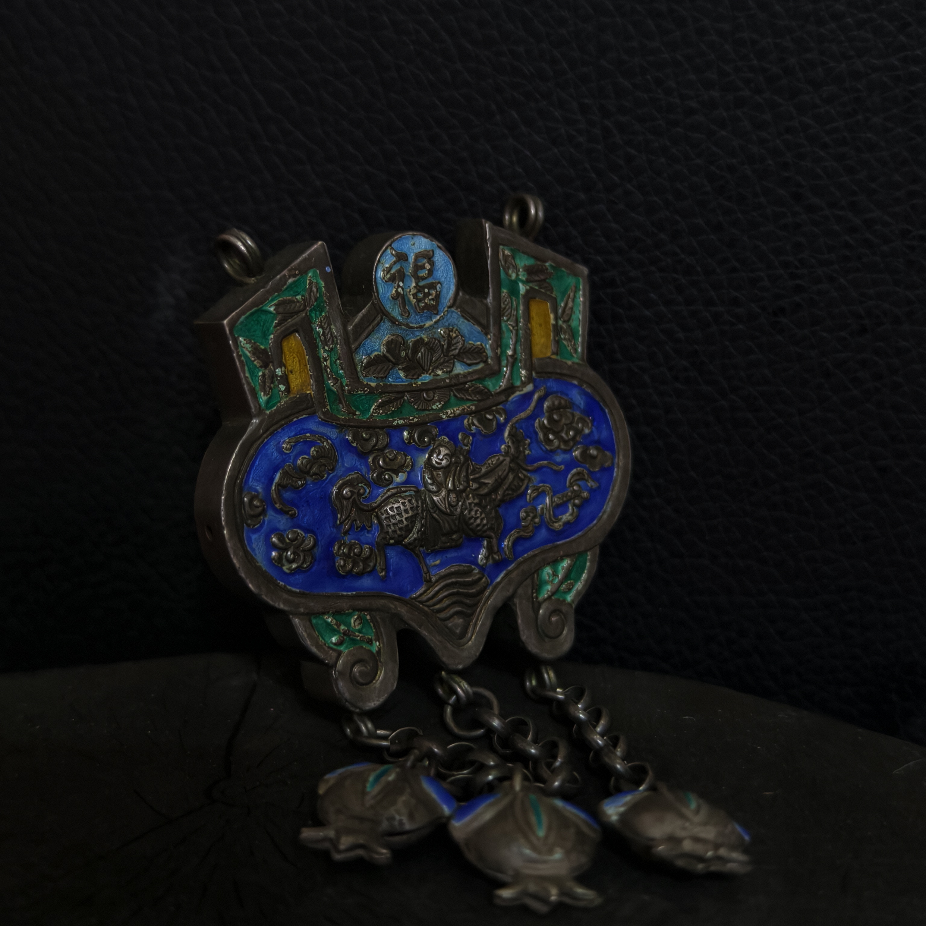 吊坠足银 足银项链吊坠手錾刻景泰蓝麒麟平安锁流苏鼎传世有优惠