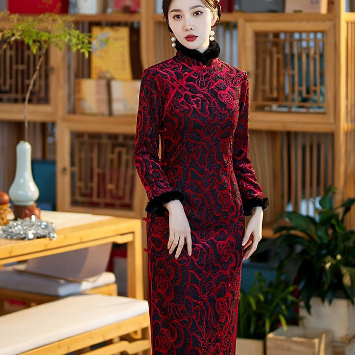 9553-红色上海加绒旗袍女冬款2025年传统改良民族风年轻妈妈装