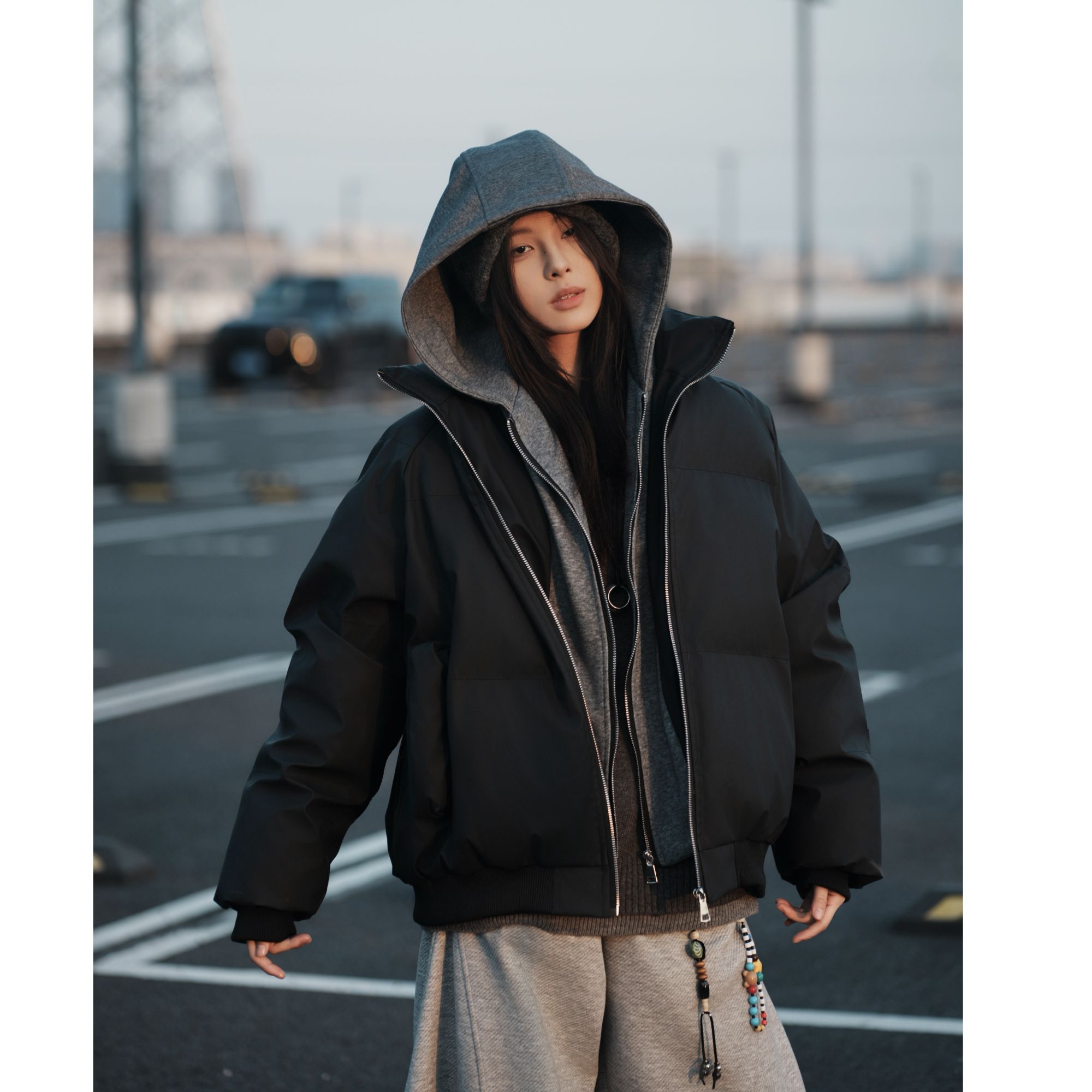 【现货假两件+男女同款】秋冬连帽pu皮棉服夹克百搭加厚双拉链外套