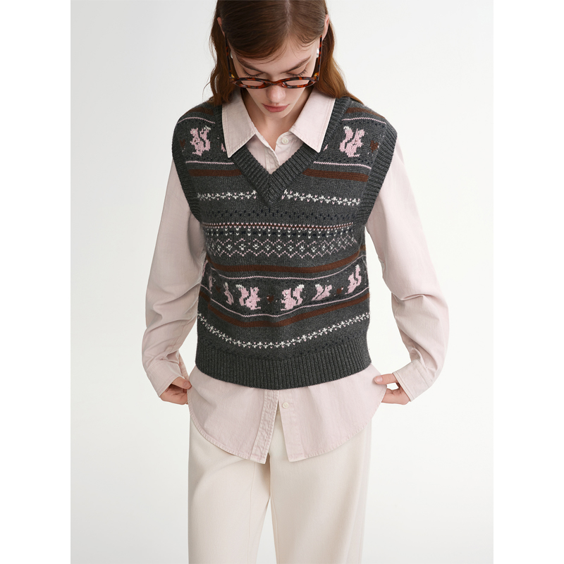 独束大码女装【松鼠派对】针织马甲女外穿秋冬背心马夹25DS84524