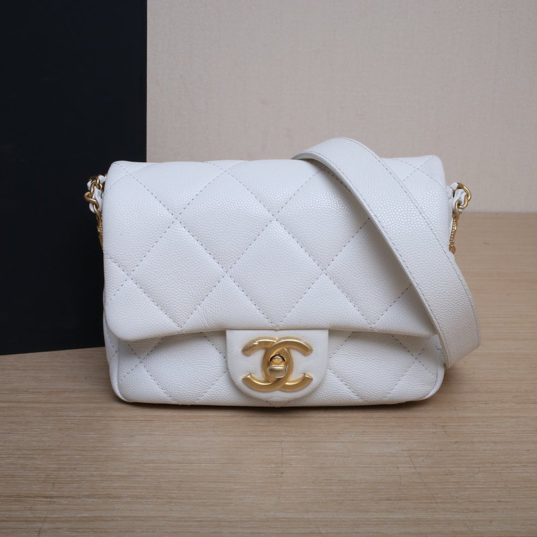99新 Chanel/香奈儿 【双攀】CF 口盖包 17cm 白色 芯片275433