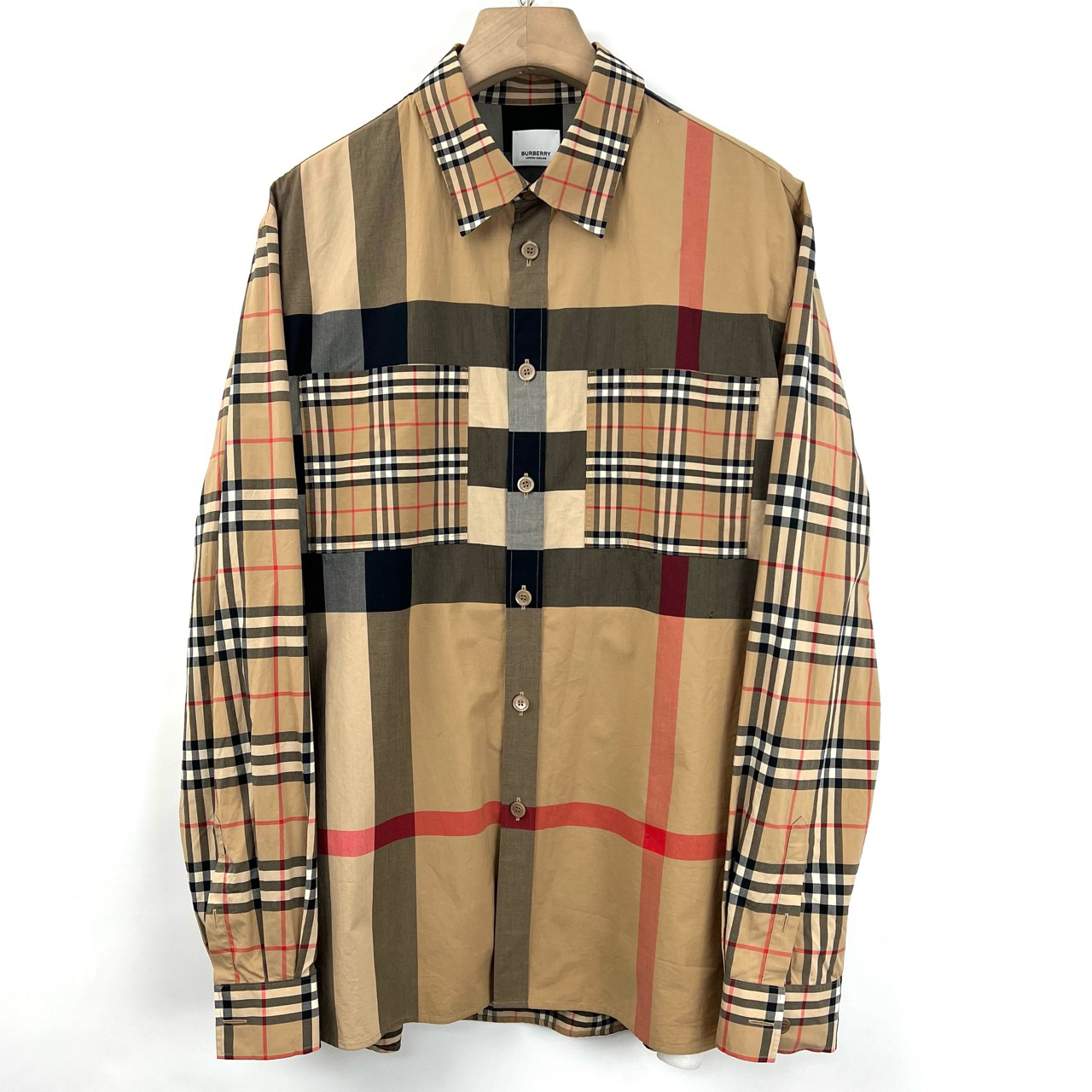 95新 BURBERRY/博柏利 06112 经典格纹拼接长袖衬衫/xl码/小洞