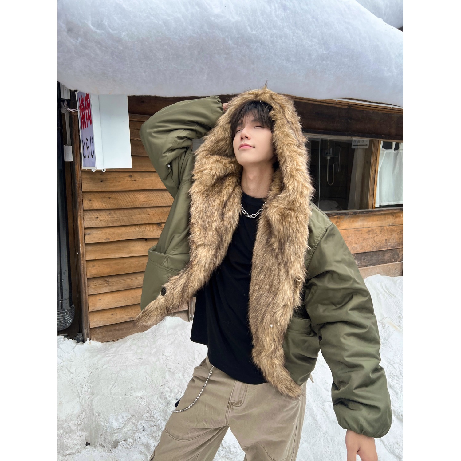 冬季中性风痞帅廓形大毛领连帽座山雕棉服保暖工装派克服棉衣