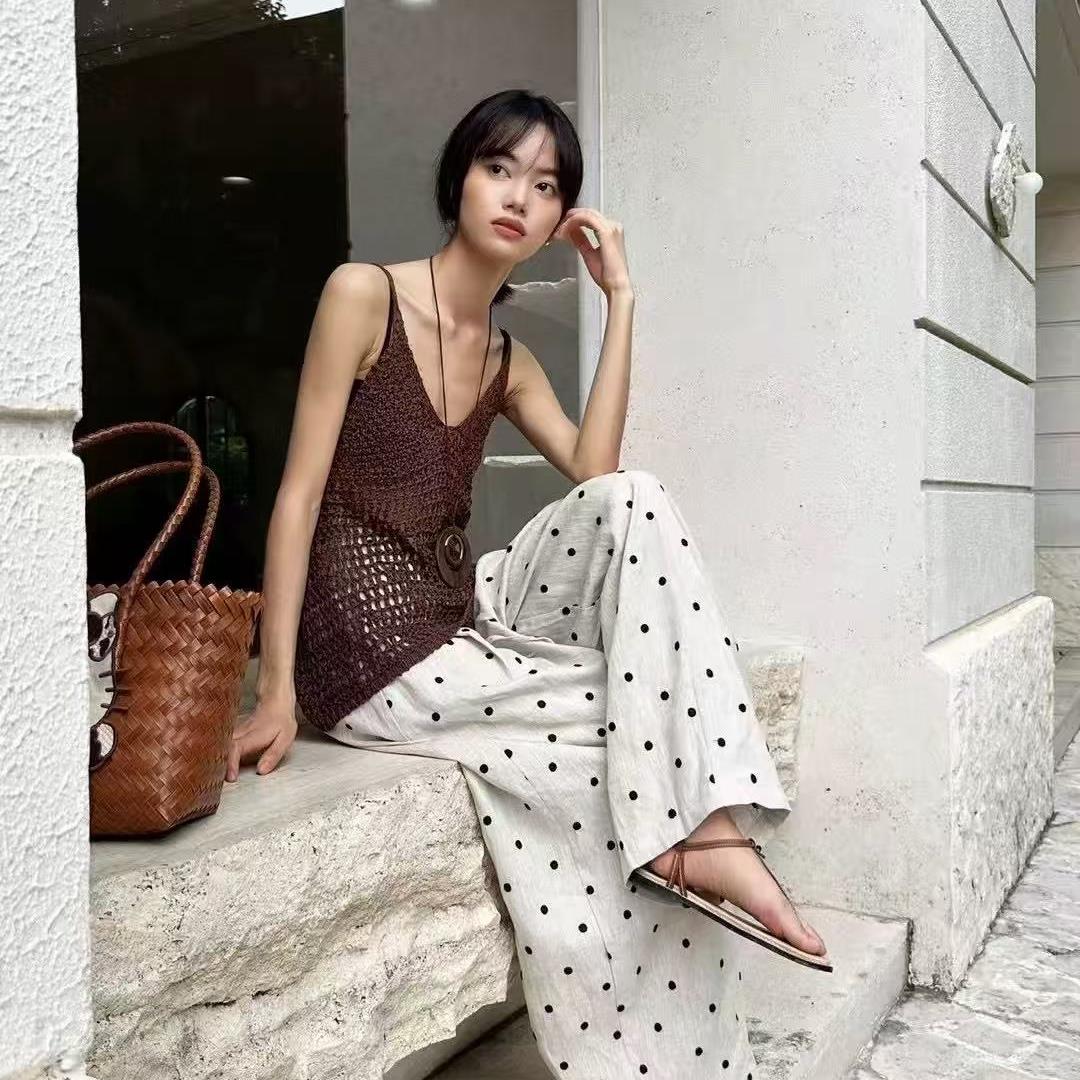 【云目悠悠】夏季新款汉麻松紧腰波点女士阔腿裤-2025662