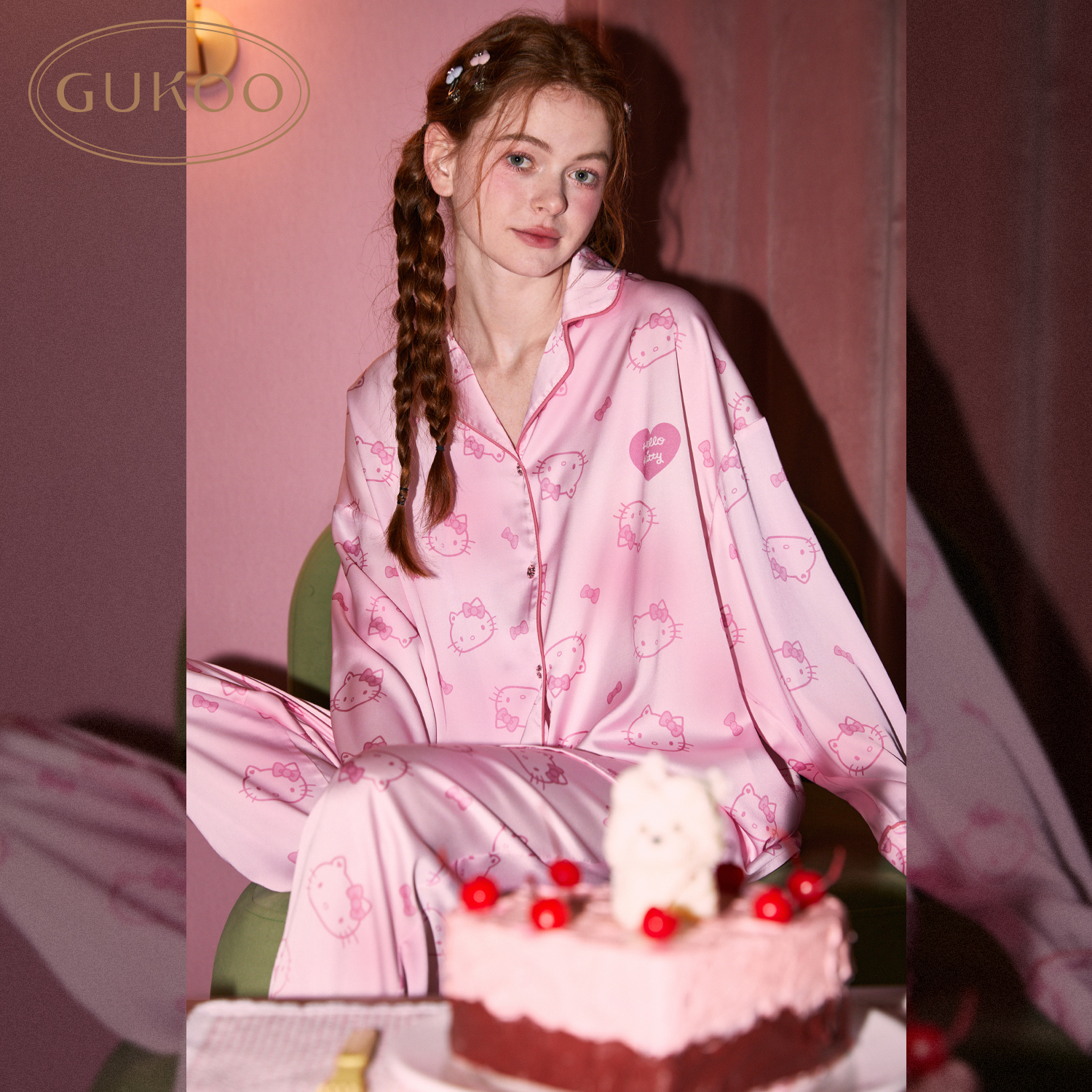 Gukoo/果壳hellokitty系列粉色长袖家居服冰丝套装春秋季卡通甜美