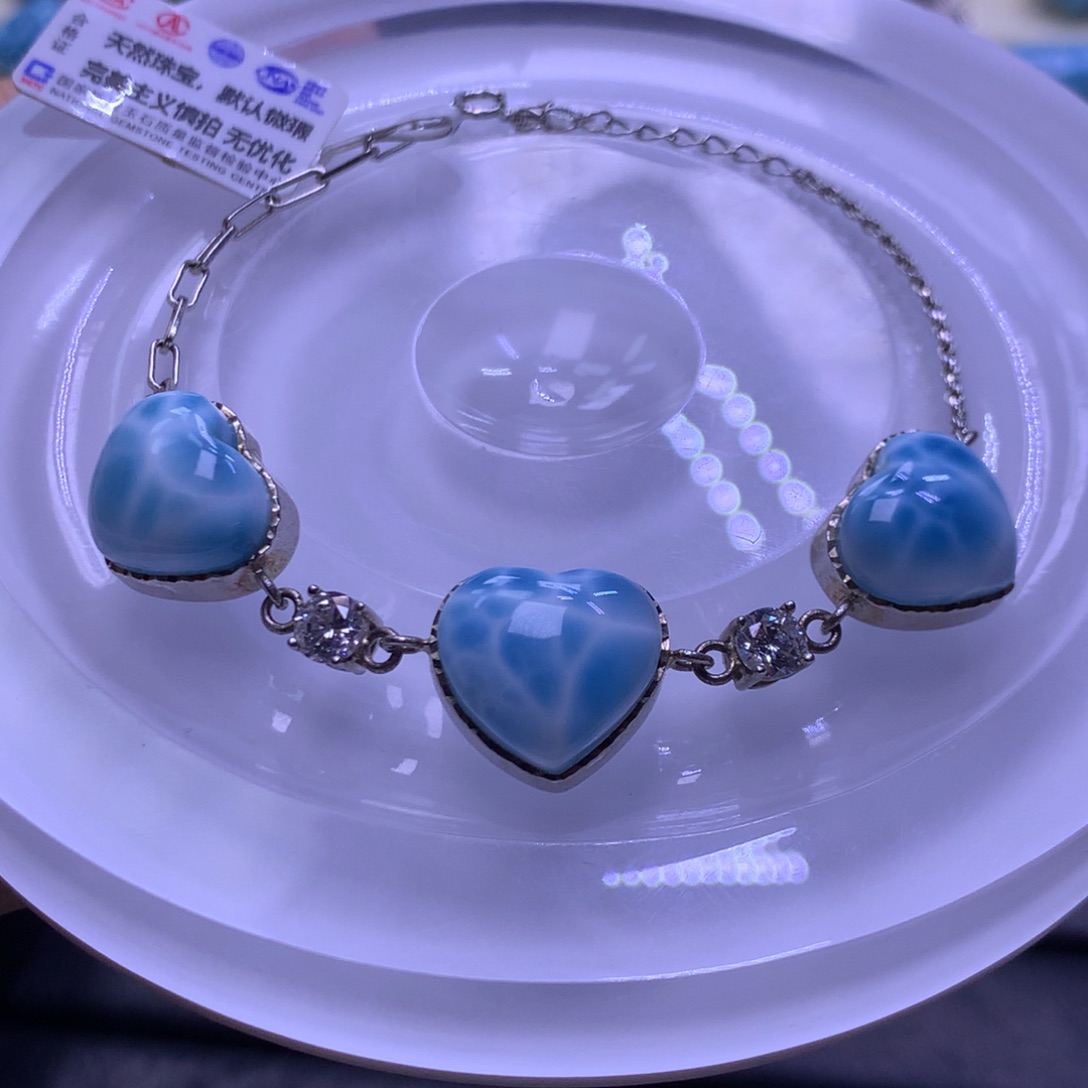 针钠钙石（海纹石）银S925镶嵌手链爱心手链色差略异