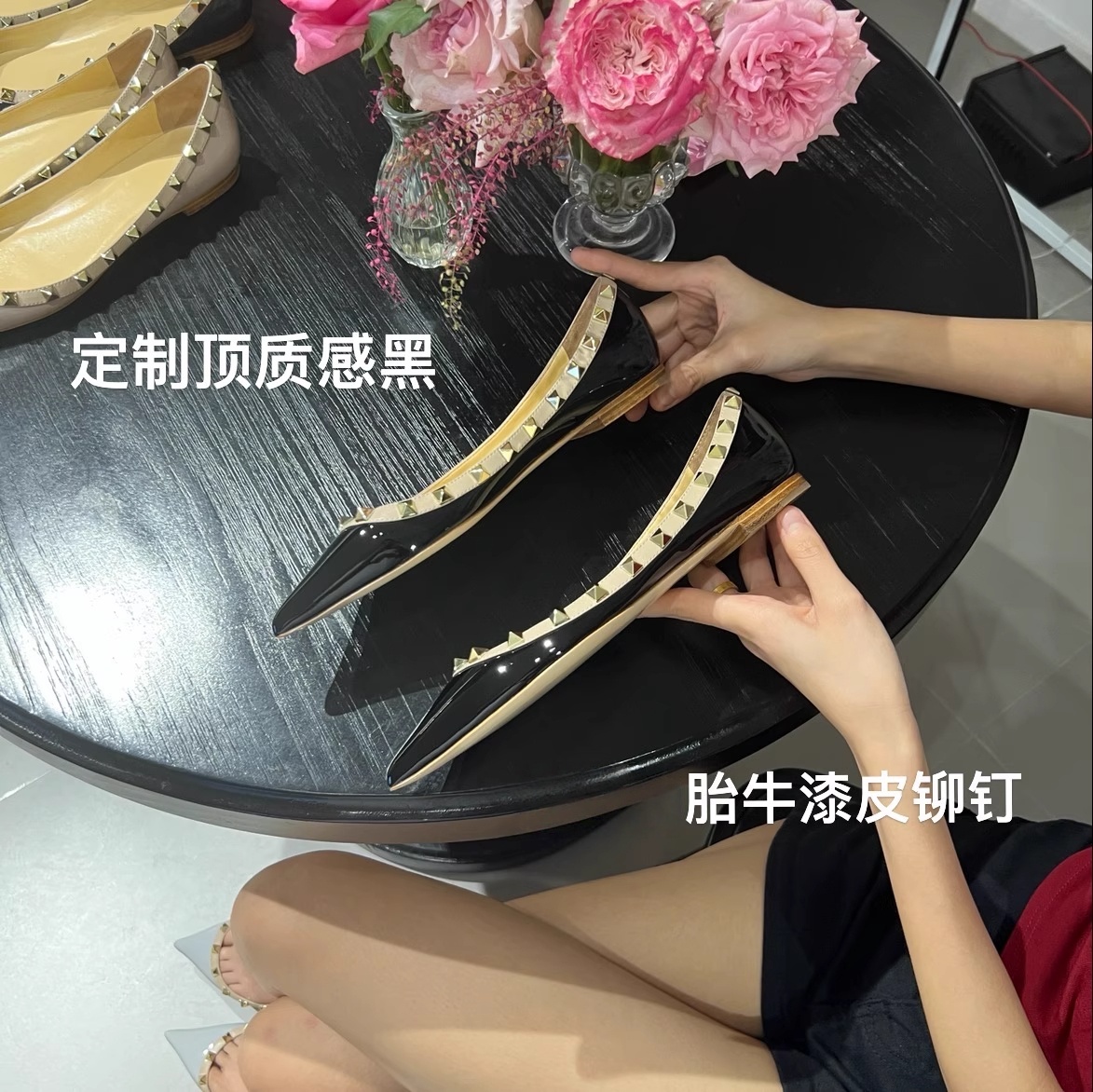 黑色铆钉单鞋女网红同款性感内增高平底单鞋女尖头漆皮浅口单鞋女