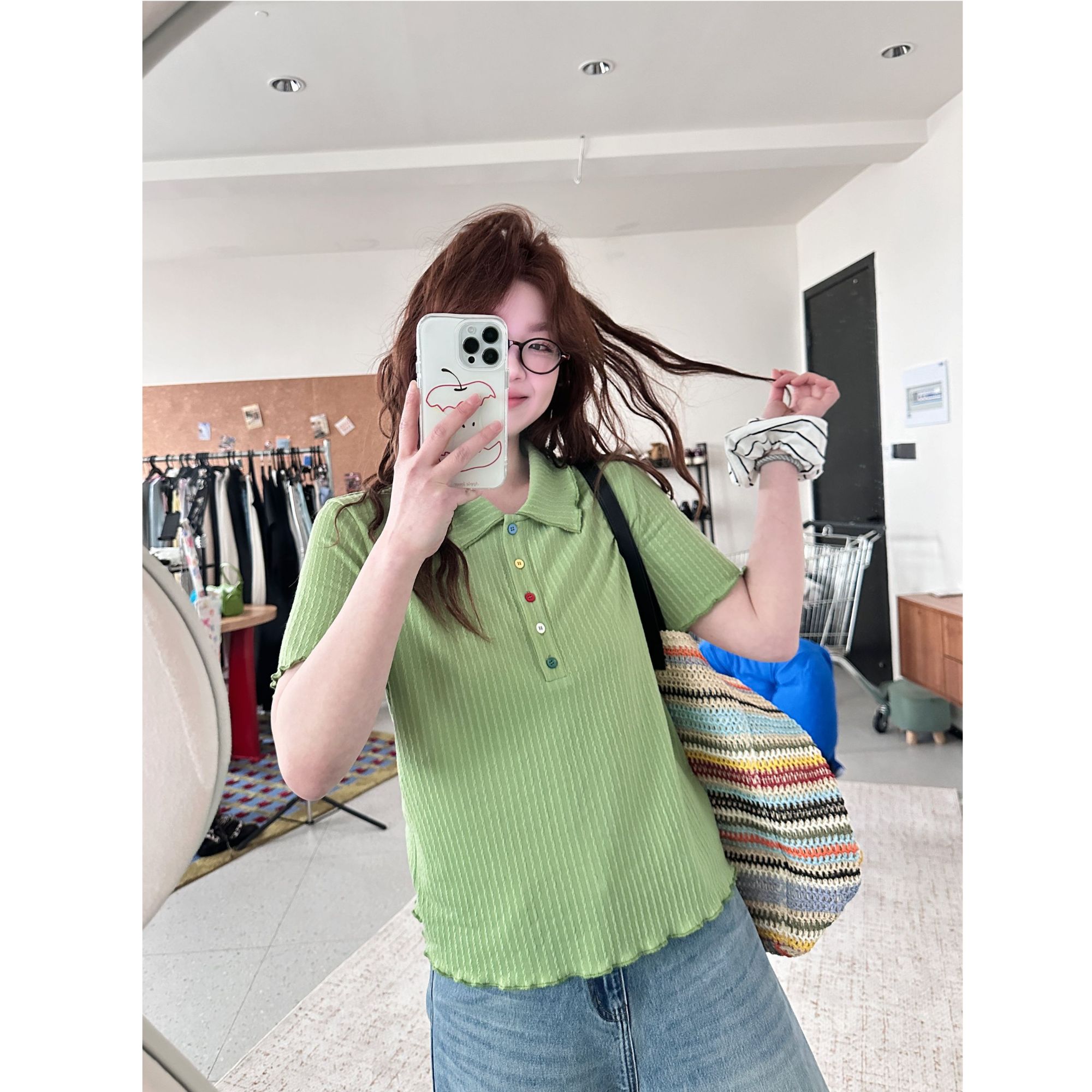 晶咕【糖果扣】彩色纽扣polo领卷边宽松短袖T恤上衣