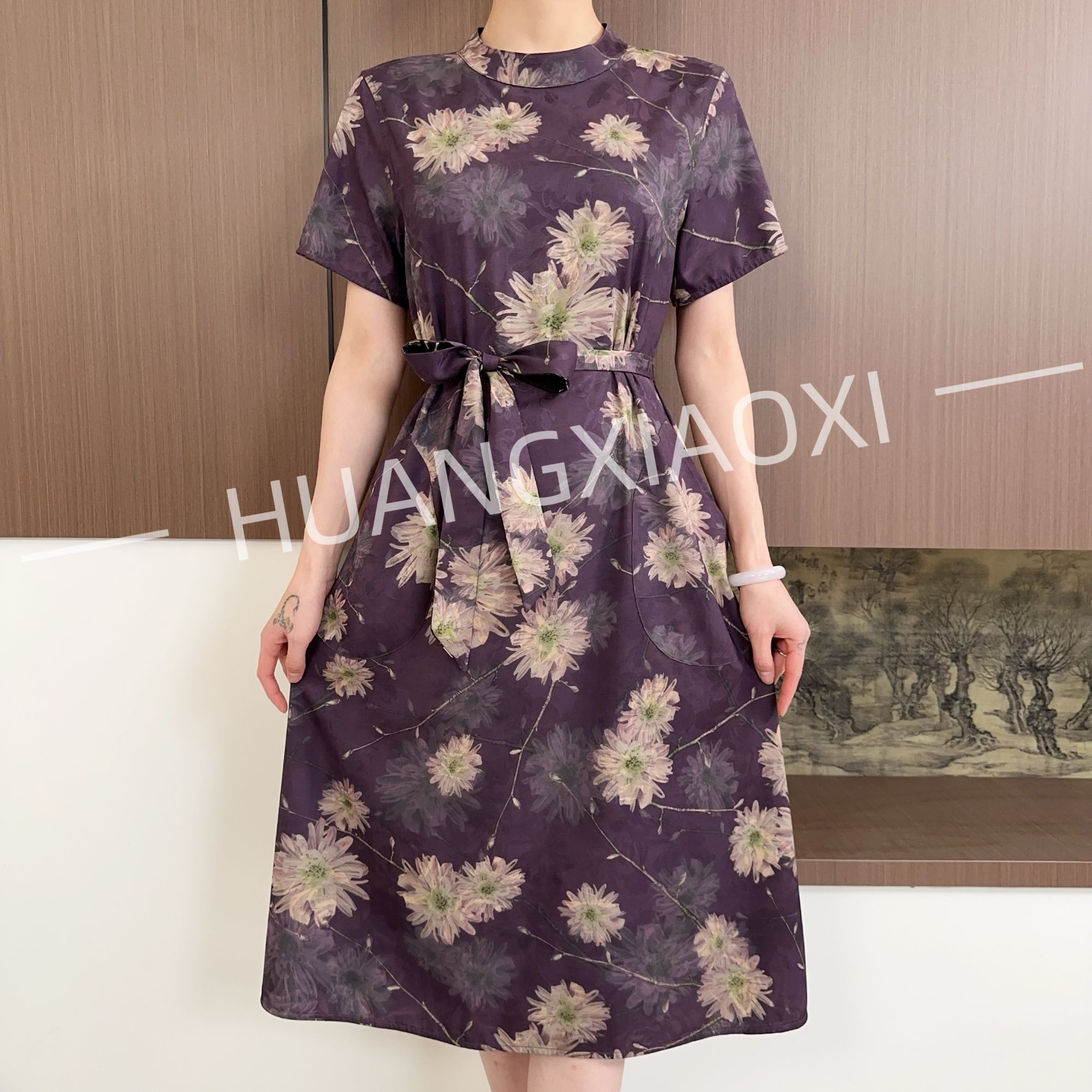 HUANGXIAOXI 紫昙花抽象玫瑰单层双面双穿短袖连衣裙ZF-265