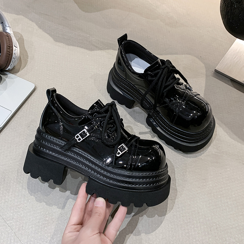 8cm厚底小皮鞋女2025年春季新款小个子增高乐福鞋布洛克大头女鞋