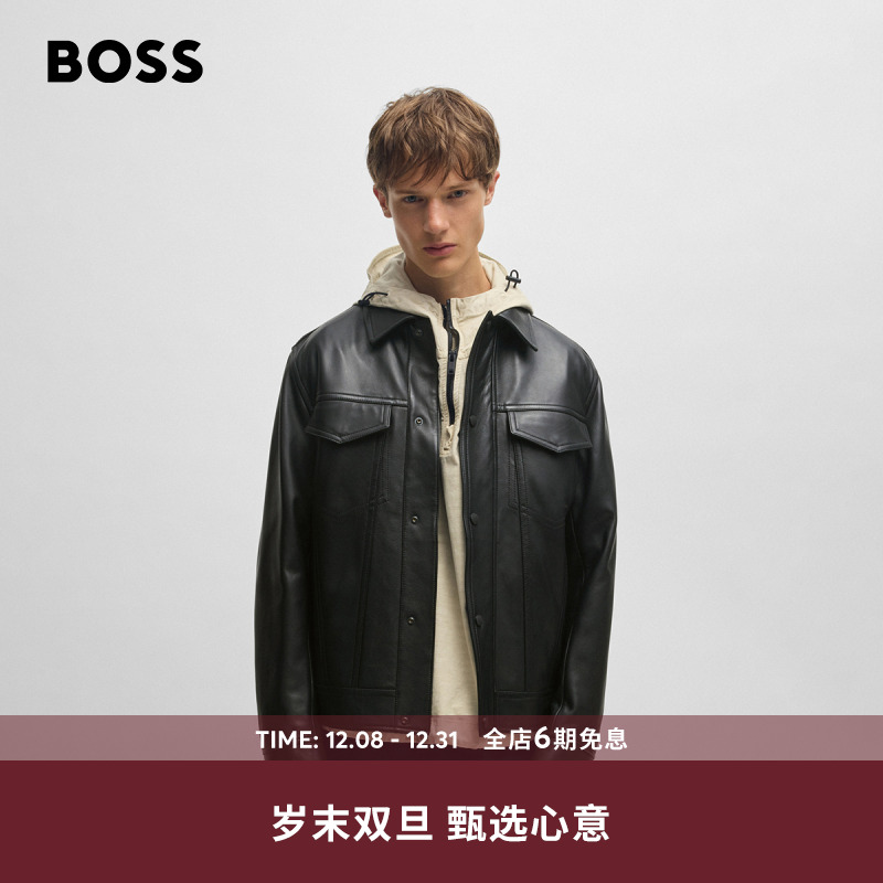 BOSS博斯男士25年新款斜纹布衬里上蜡皮革翻领皮衣50530256