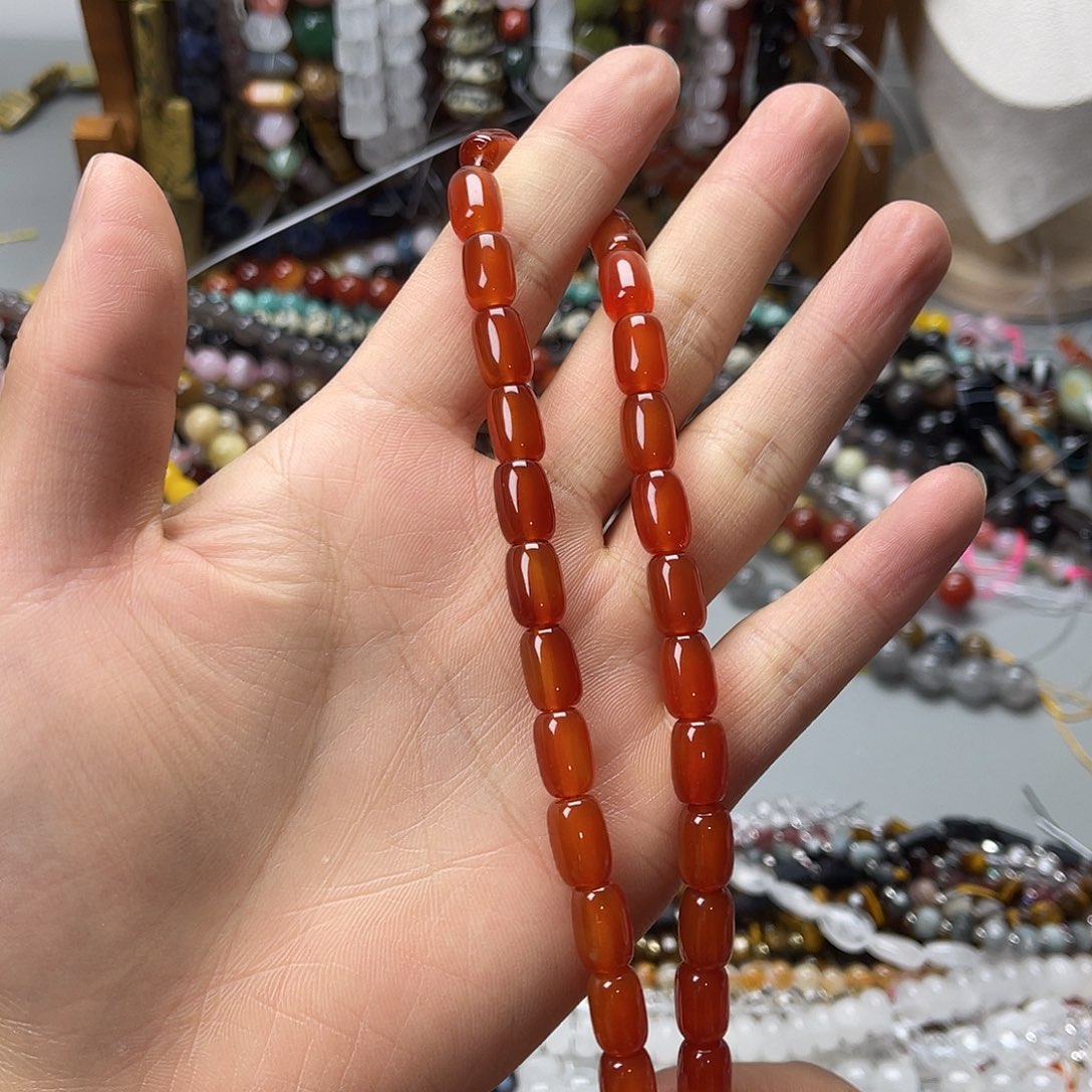 玛瑙/玉髓未镶嵌珠宝半成品8×12红玛枣珠一条