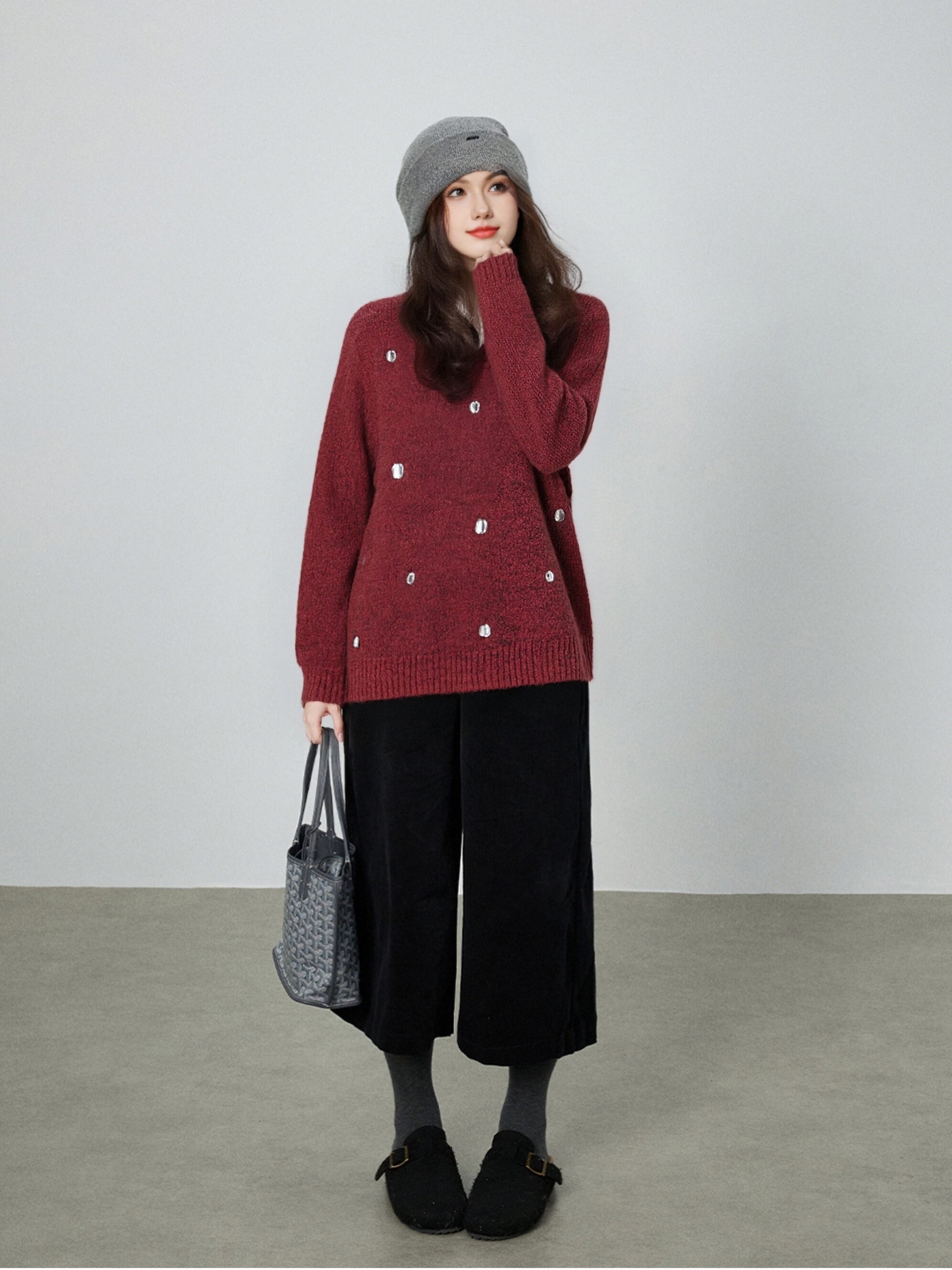 大码女装v领重工钉钻针织衫女针织衫2025冬胖mm宽松慵懒毛衣