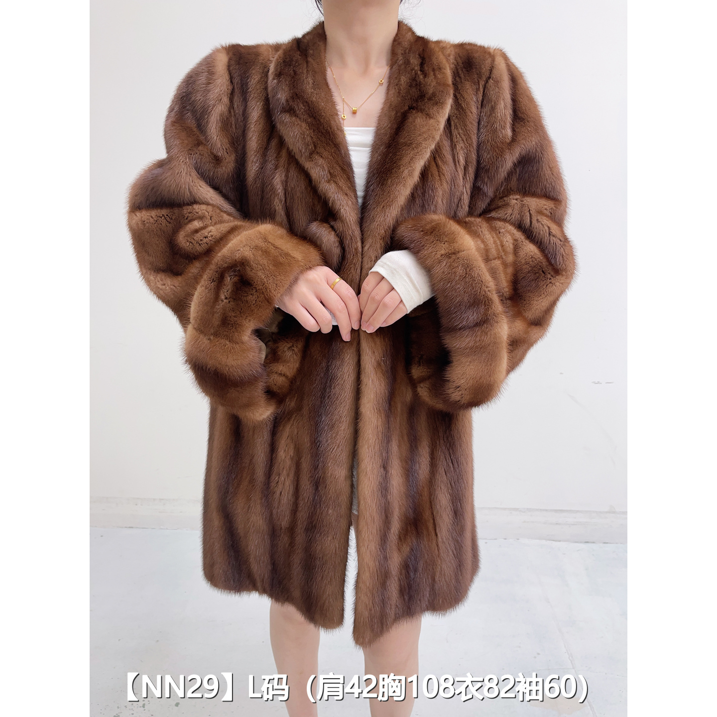 【NN29】L 蜜茶棕中长款全抽貂皮大衣外套女 翻领挽袖 13029
