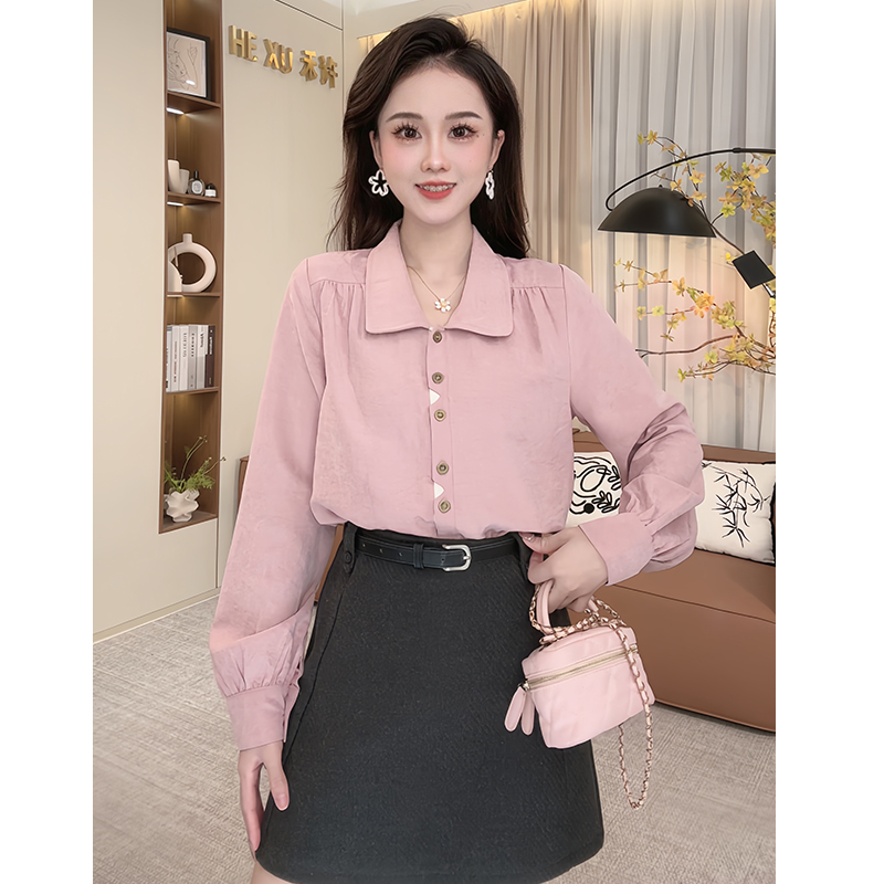 法式甜美粉色翻领别致长袖衬衫女2024秋季百搭显瘦时尚上衣