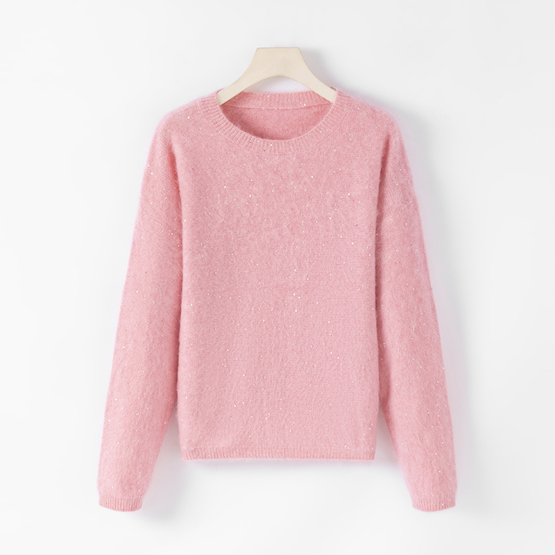 秋冬上新轻奢纯色珠片羊毛羊绒桑蚕丝圆领长袖女士针织衫 A02699