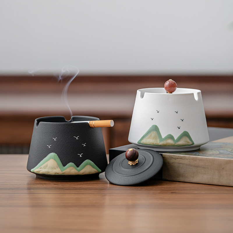 国潮文创烟灰缸带盖办公家用客厅简约时尚中式陶瓷烟缸防飞灰茶桌