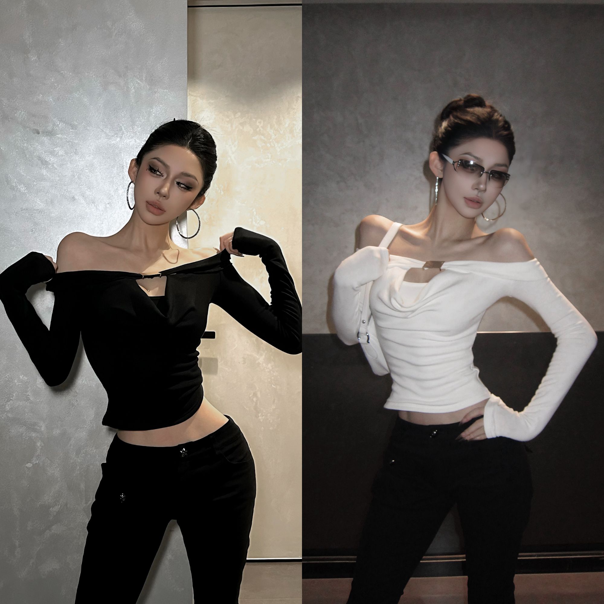 FORNIS 设计感荡领环扣一字肩上衣微喇阔腿裤F25T4200+F25K4277