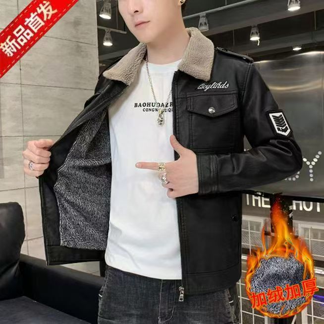 皮衣夹克男春秋冬季薄短款外套加绒加厚修身韩版潮流痞帅气机车服