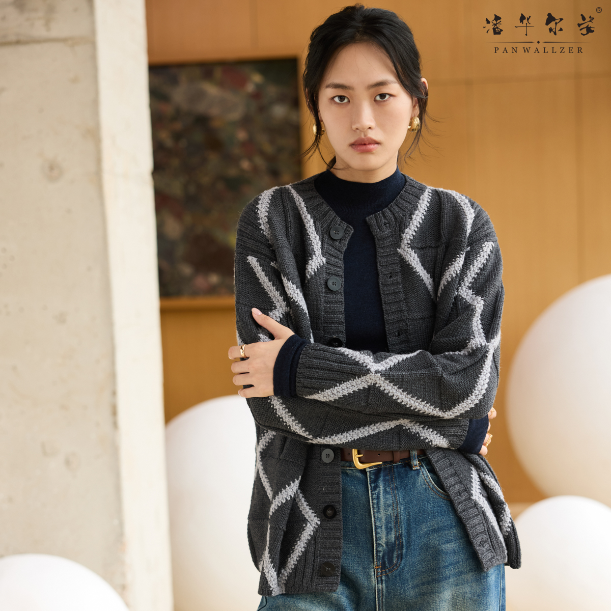 毛衣小哥新品秋冬款重工撞色菱形格手工编织开衫外套女款定制成衣