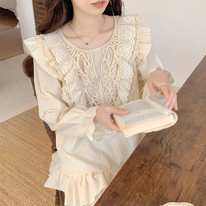 纯棉睡衣女春秋季长袖长裤甜美可爱公主风家居服全棉白色套装
