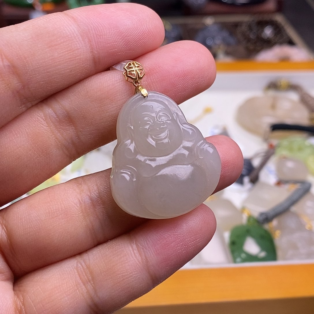 和田玉收藏级老矿料熟藕粉羊脂级红粉金镶佛公吊坠未镶嵌