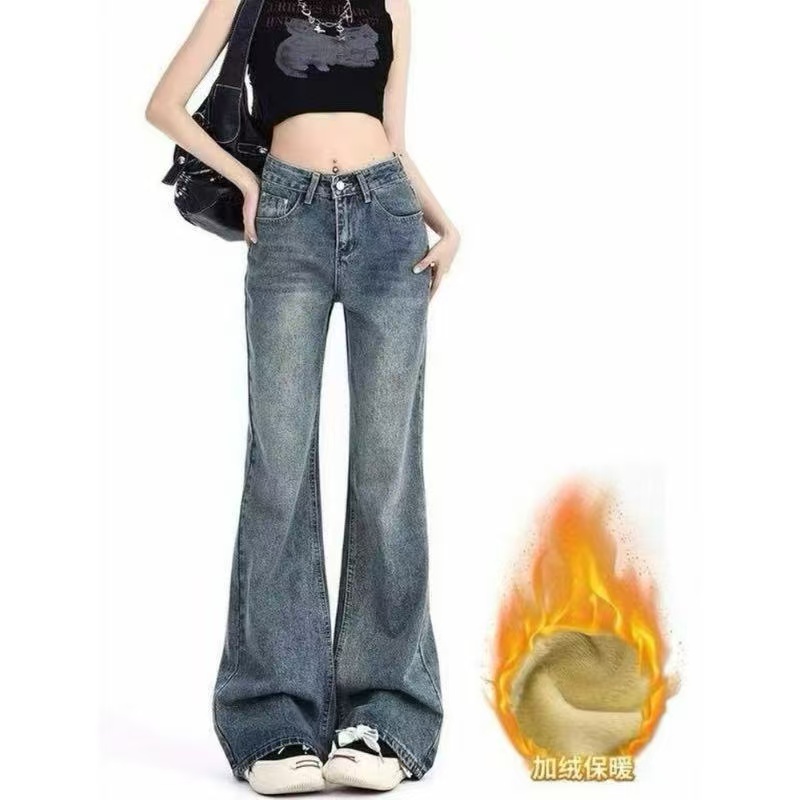 【破价现货 加绒加厚】美式复古微喇牛仔裤女冬季加绒加厚显瘦拖地