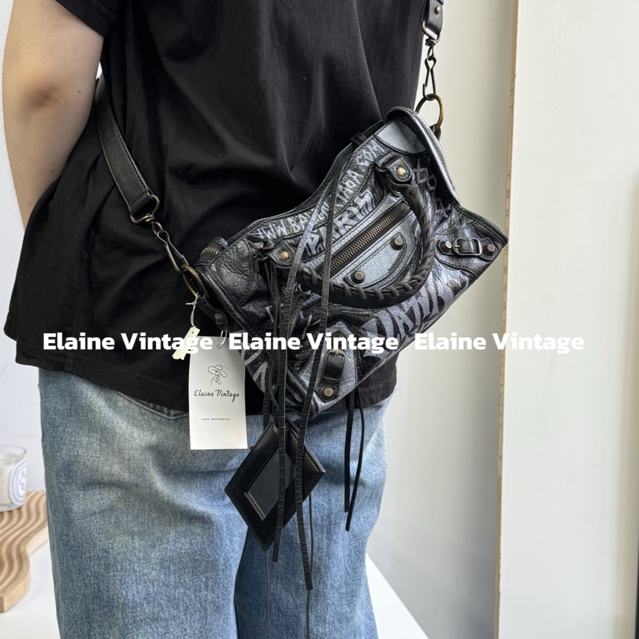 95新 Balenciaga/巴黎世家 CITY系列涂鸦铜锭mini机车包24cm/Y719