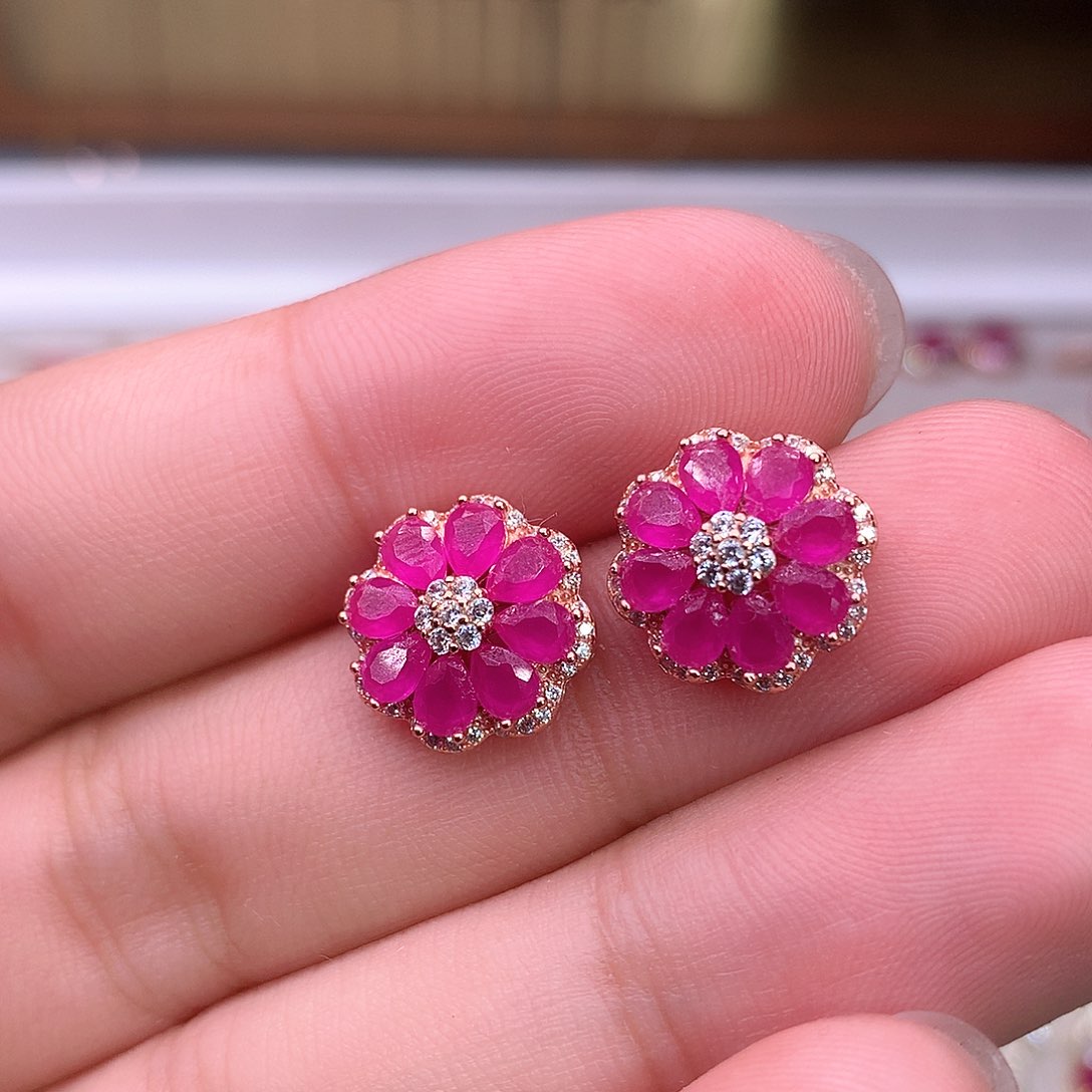 红宝石耳饰银S925镶嵌